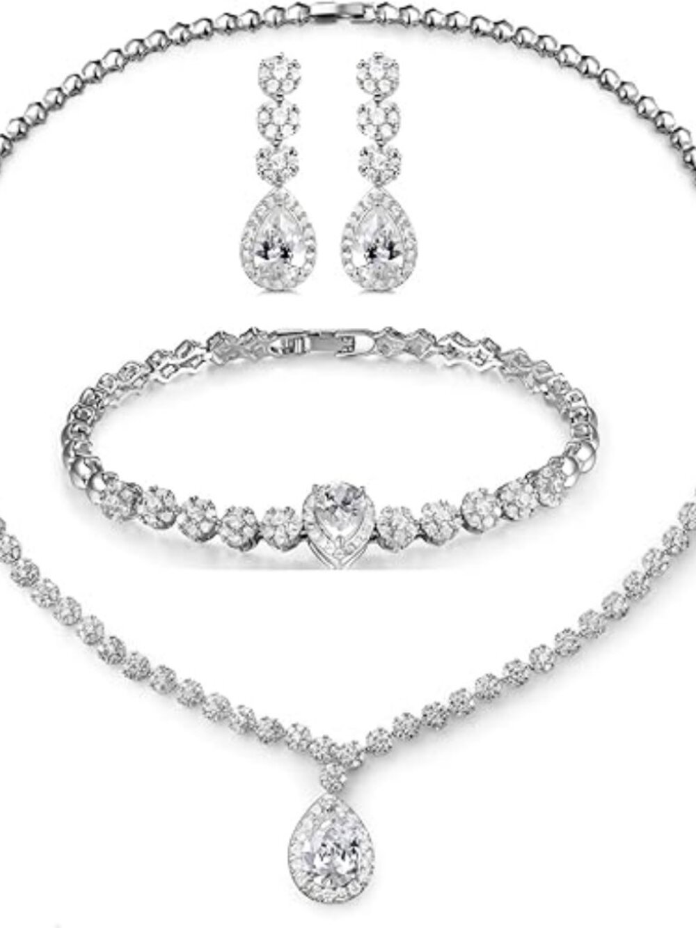 Bridal CZ Jewelry Set Necklace Earrings Bracelet Wedding Bridesmaid Silver